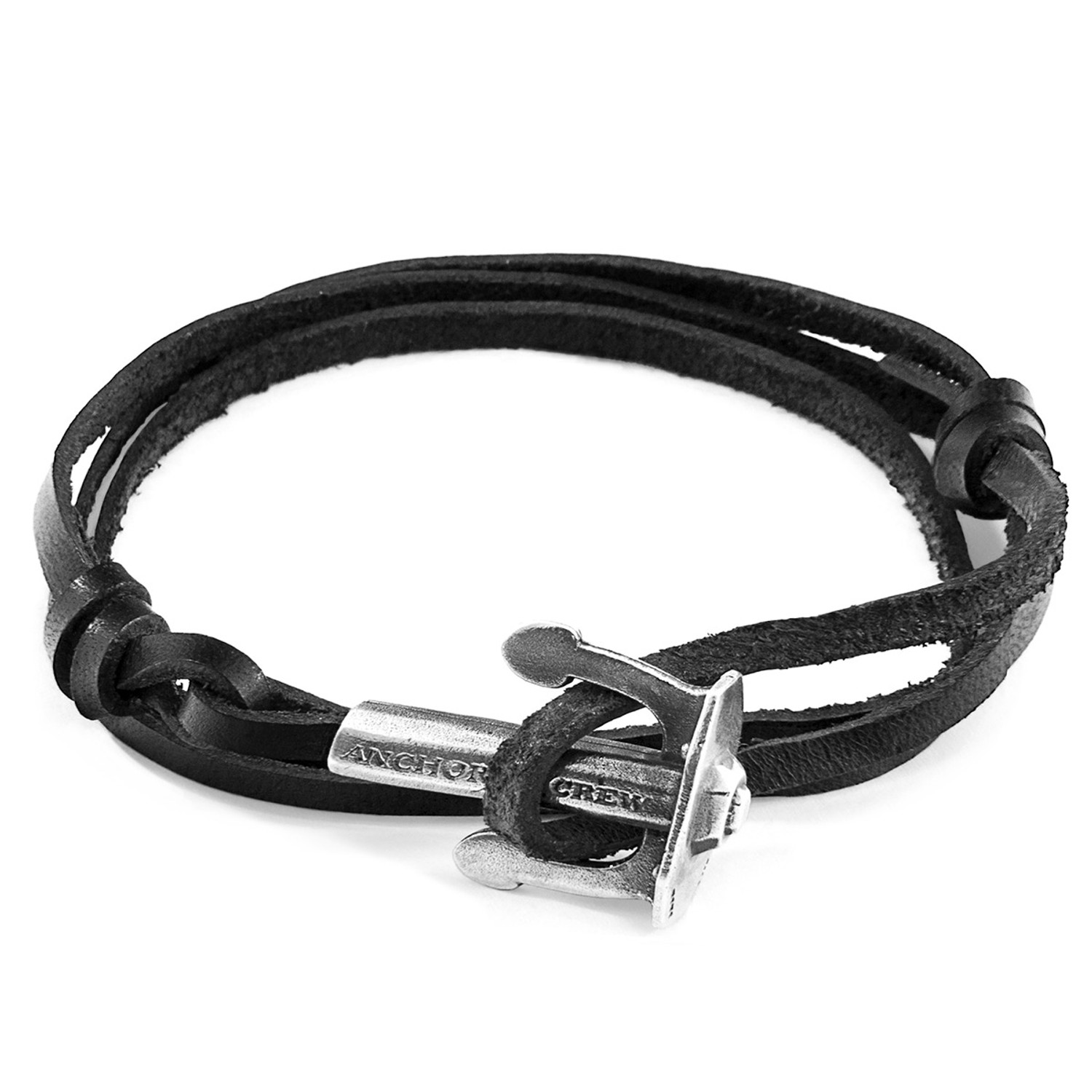 Anchor & Crew Coal Black Union Anchor Silver and Flat Leather Bracelet