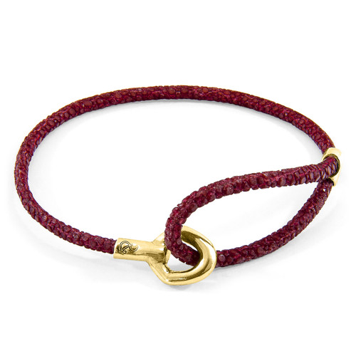 Anchor & Crew Bordeaux Red Blake 9ct Yellow Gold and Stingray Leather Bracelet