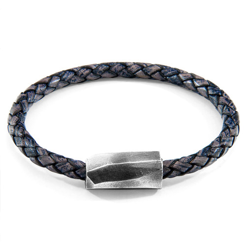 Anchor & Crew Indigo Blue Hayling Silver and Braided Leather Bracelet