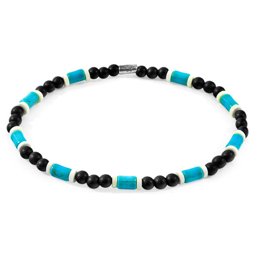 Anchor & Crew Blue Turquoise, White Agate and Black Ebony Wood Samuel Silver and Stone SKINNY Bracelet