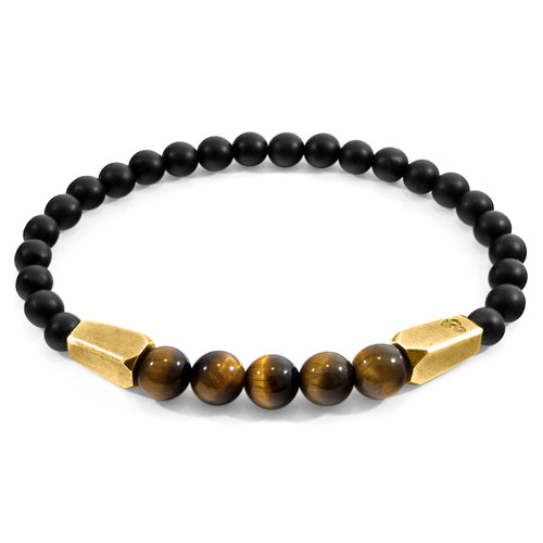 Anchor & Crew Brown Tigers Eye Hukou 9ct Yellow Gold and Stone Bracelet