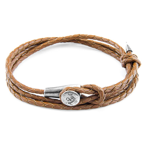 Anchor & Crew Light Brown Dundee Silver and Braided Leather Bracelet