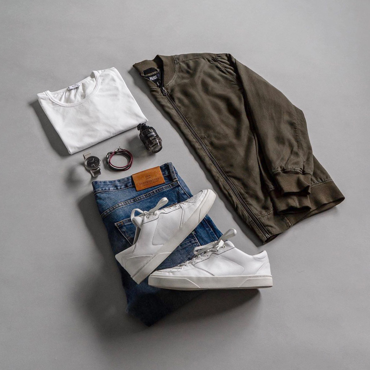 Mens Leather Bracelet Jacket Jeans White Trainers