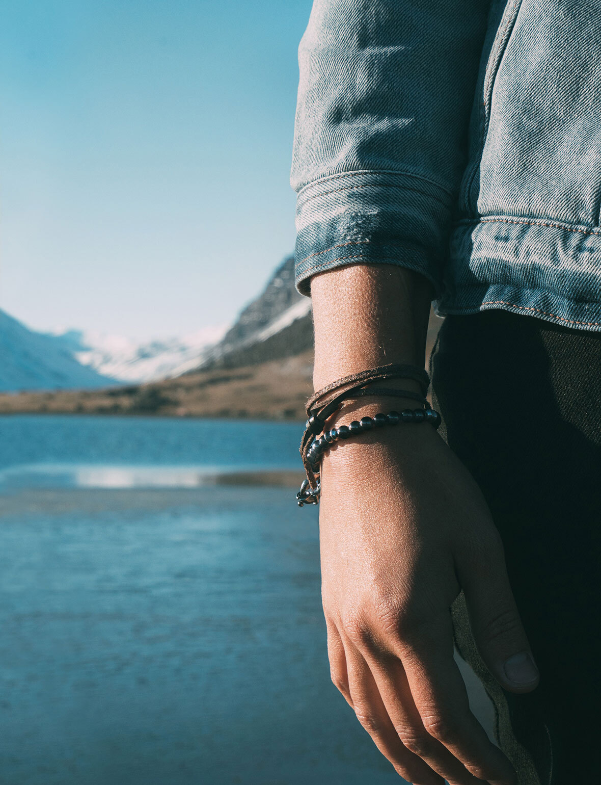 Mens Silver Leather And Stone Bracelets