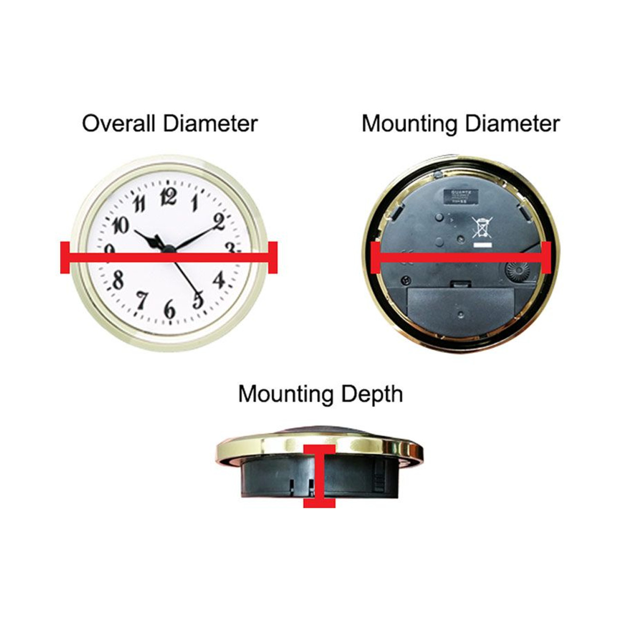 Clock Insert Quartz Movement 3 1/2" (89 mm) Diameter Gold Dial Gold Tone Bezel Black Numbers