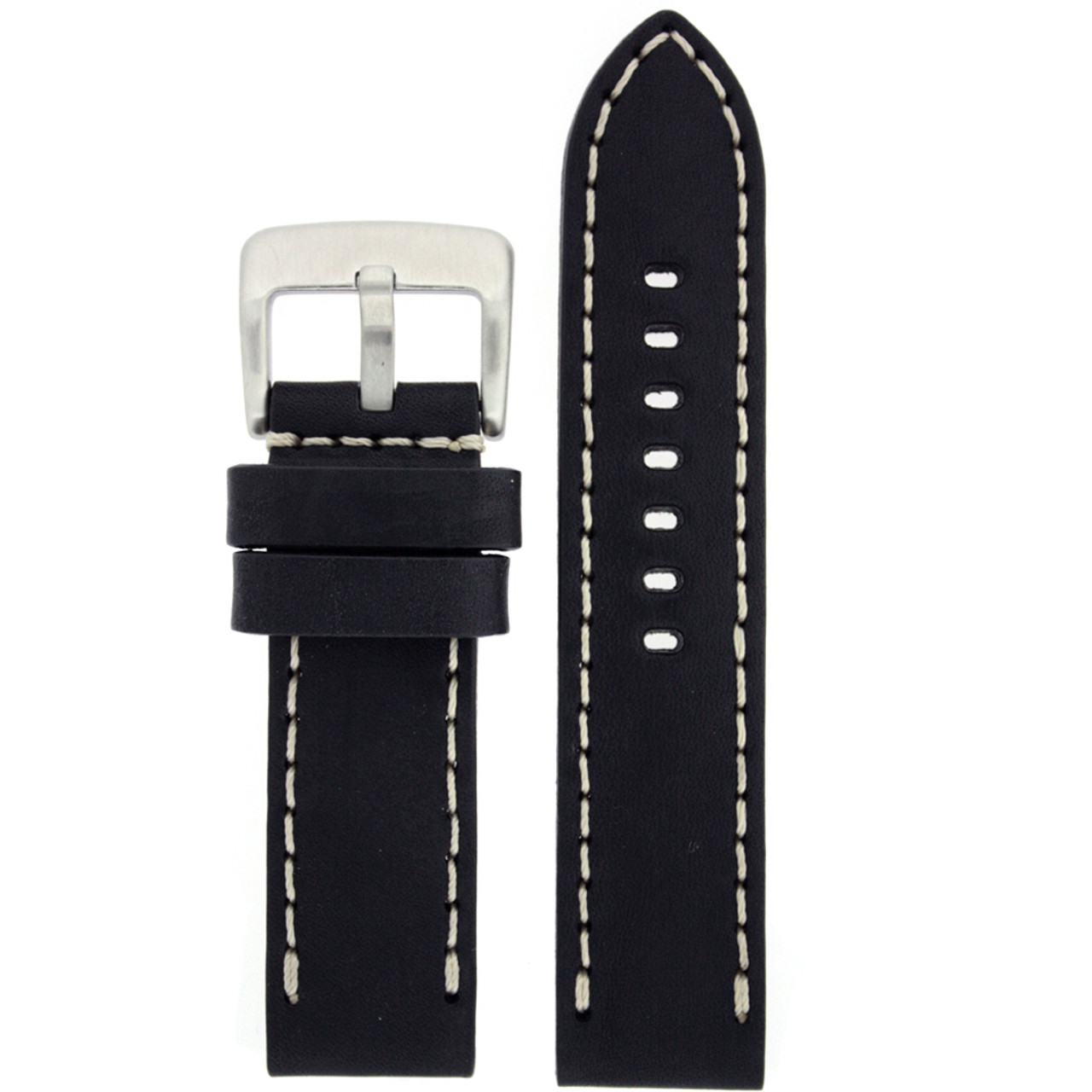 Black Leather Watch Band with White Topstitching - Top View