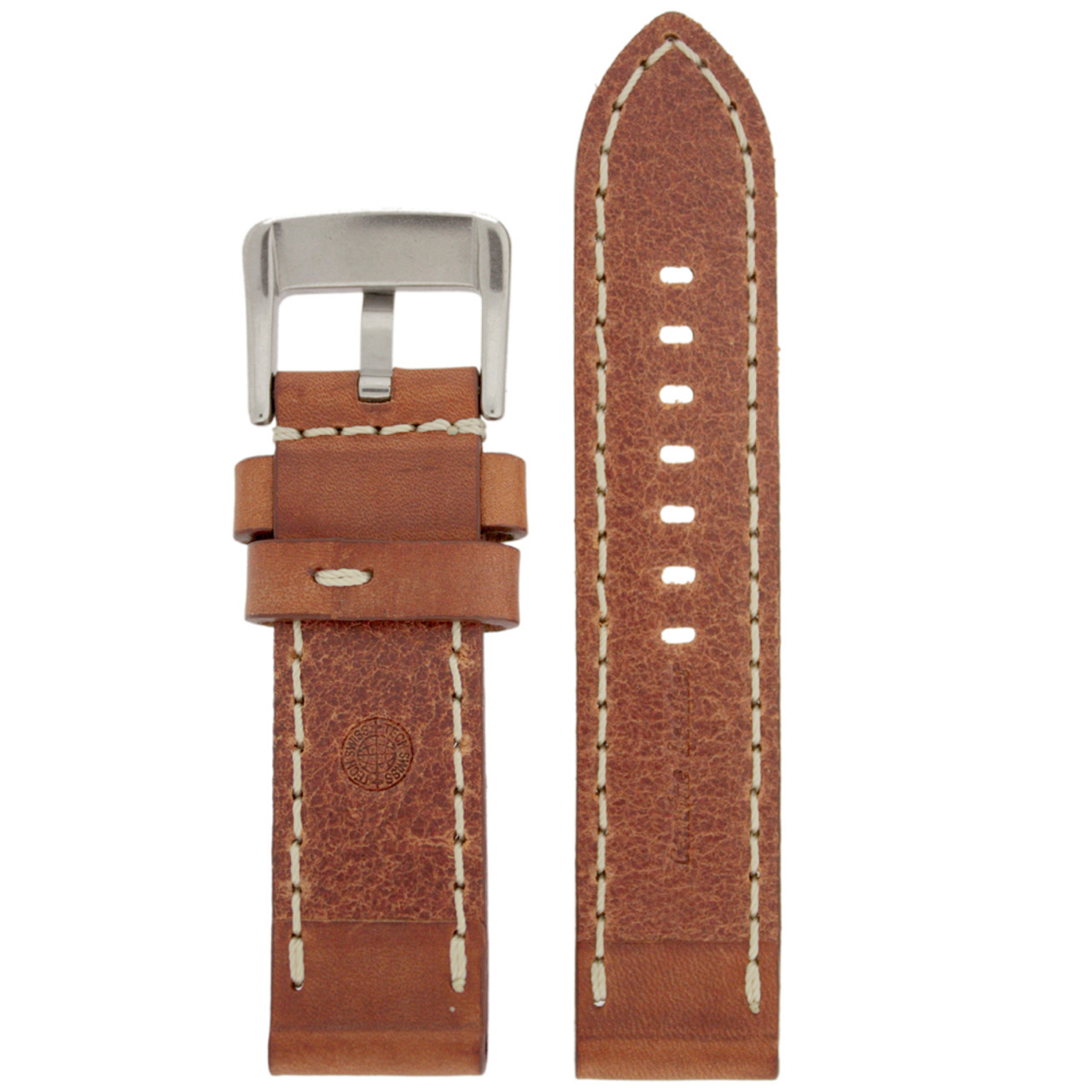 Tan Leather Watch Band with white Topstitching - Bottom View - Main