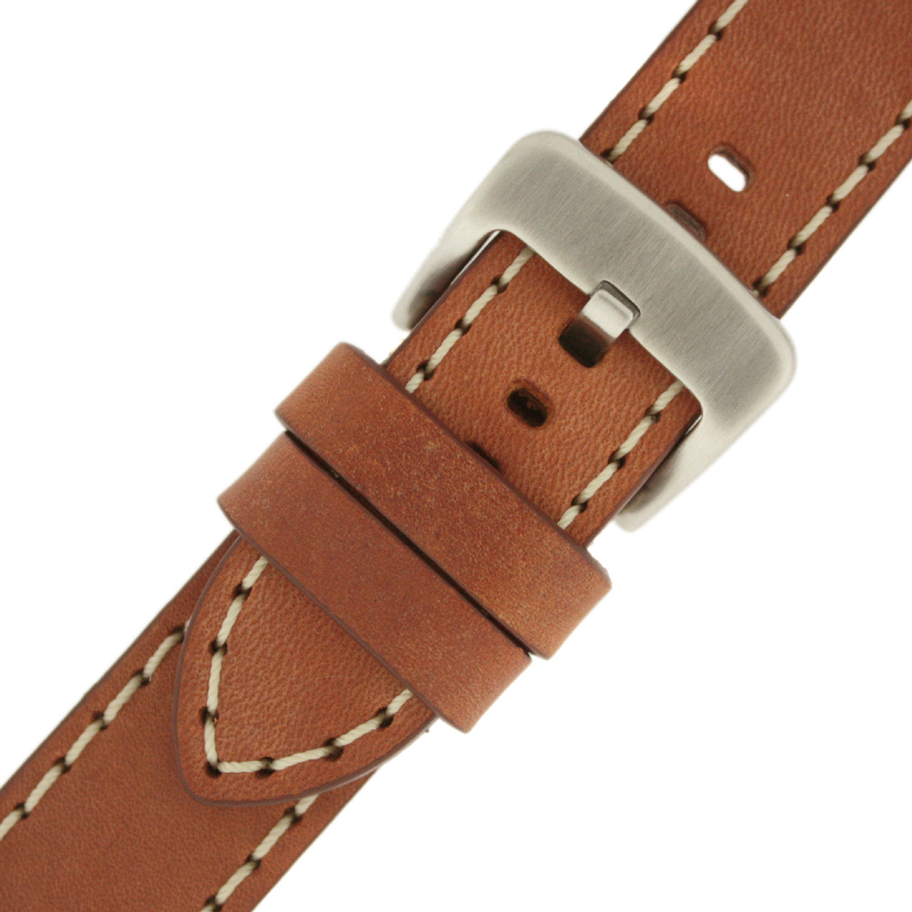 Tan Leather Watch Band with white Topstitching - Buckle View