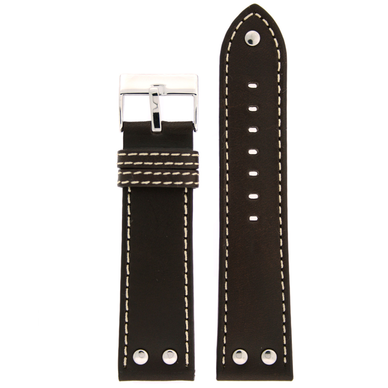 Leather Pilot Watch Band with Rivets in Dark Brown front
