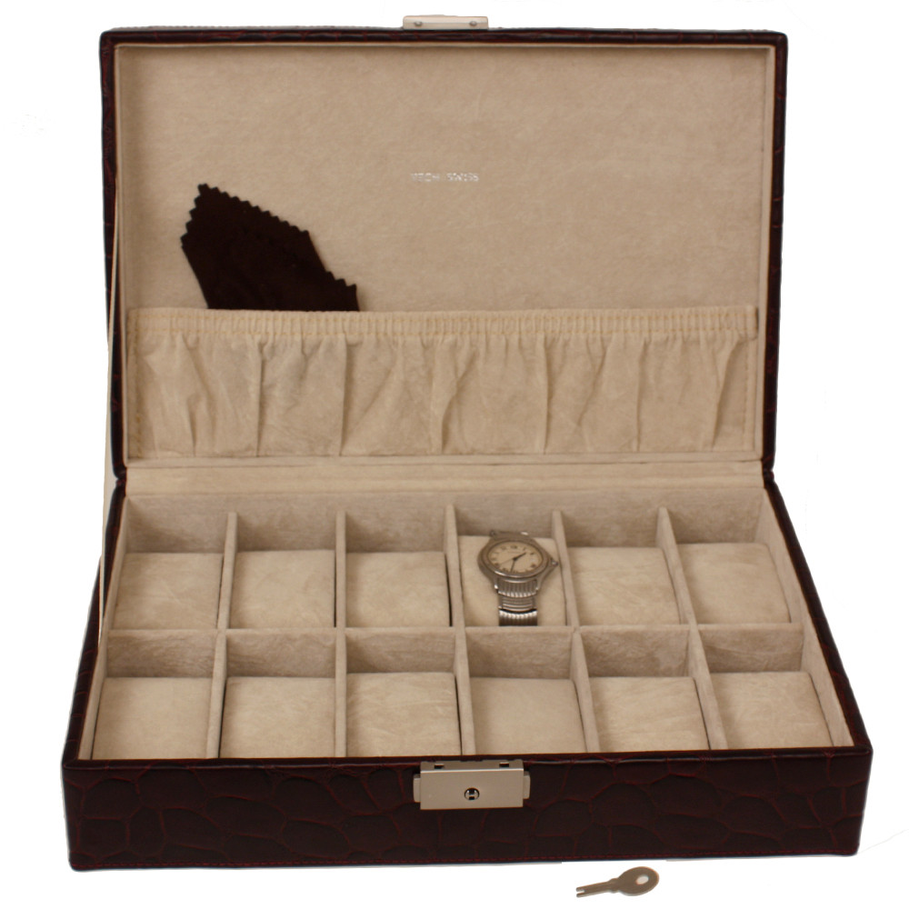 12 Watch Box Case Leather Crocodiledile Grain Burgundy - Main