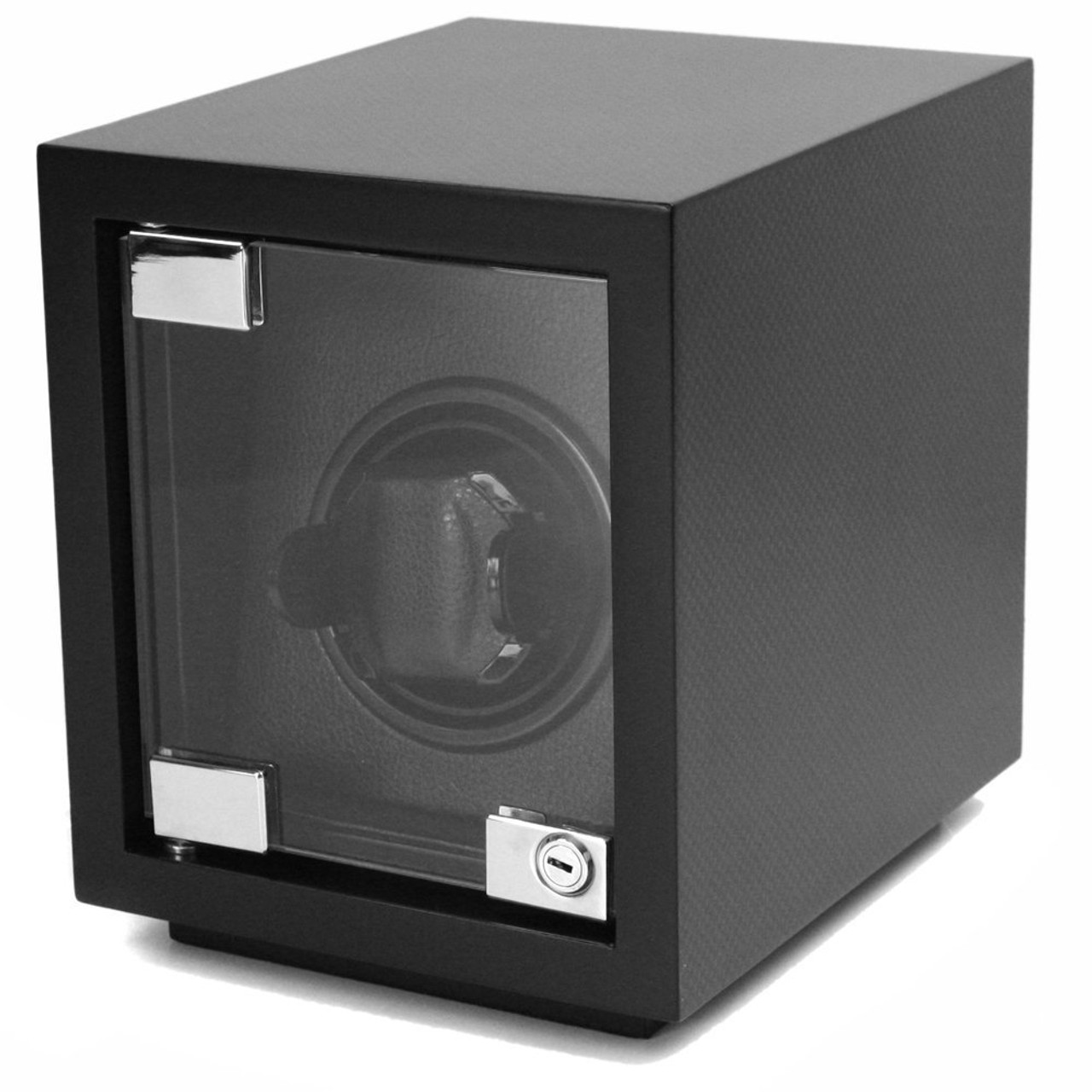 Single Black Wood Watch Winder Modern Watch Winder in Carbon Fiber Print Tech Swiss TSW100CF Main