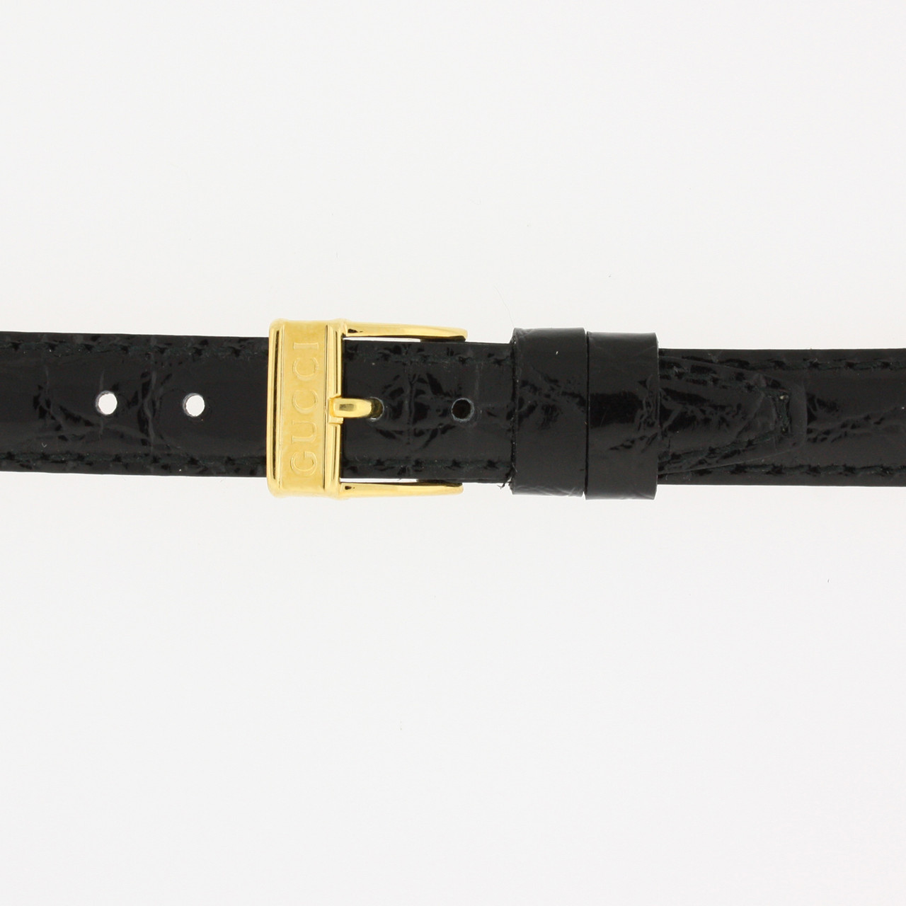 Gucci Watch Band 14mm Short Black Leather Lizard Grain 6300L 2600L 5400L 5500L 7400L Gold-tone or Silver-tone Buckle Quick-Release