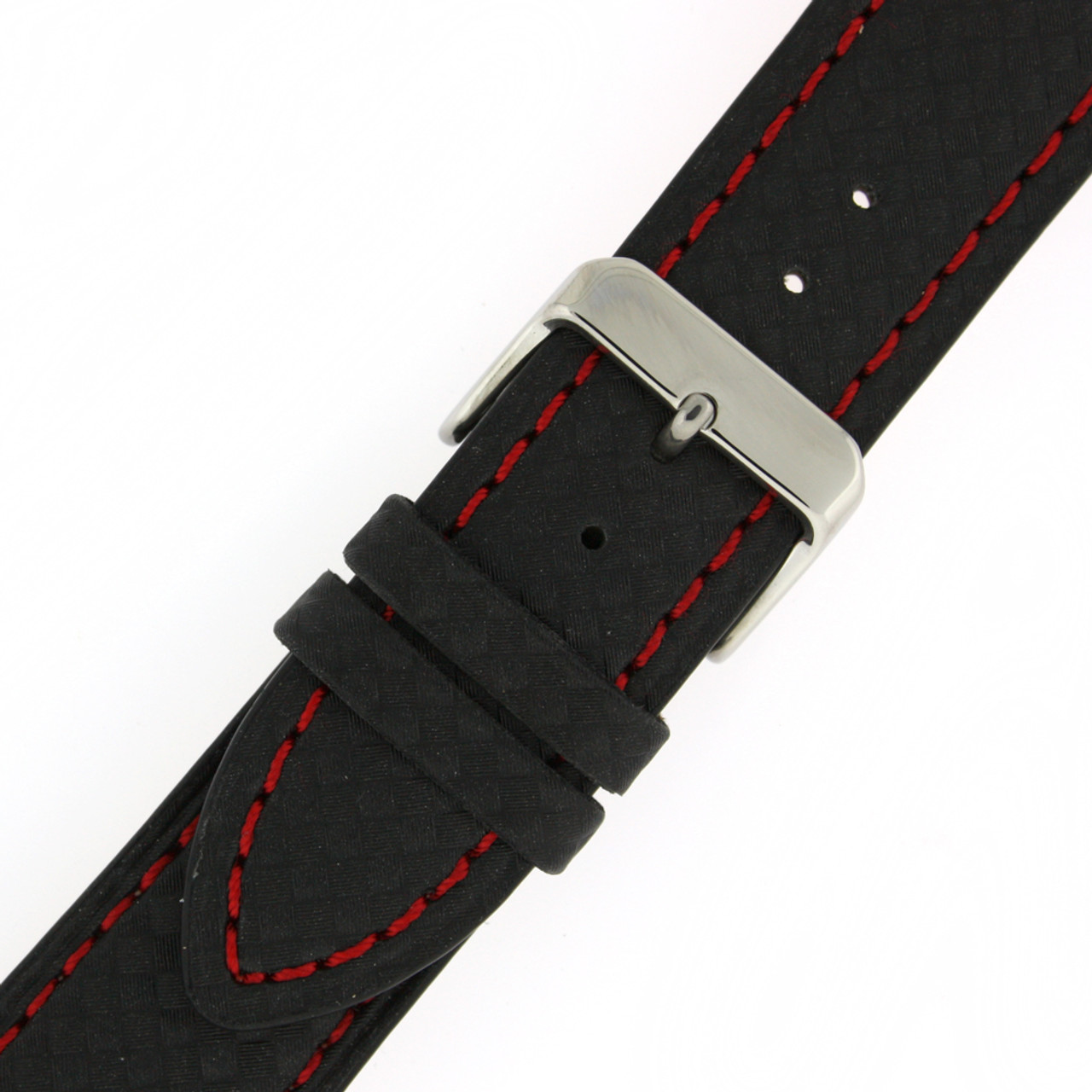 Black Leather Watch Band with Carbon Fiber Print in Black - Buckle View - Main