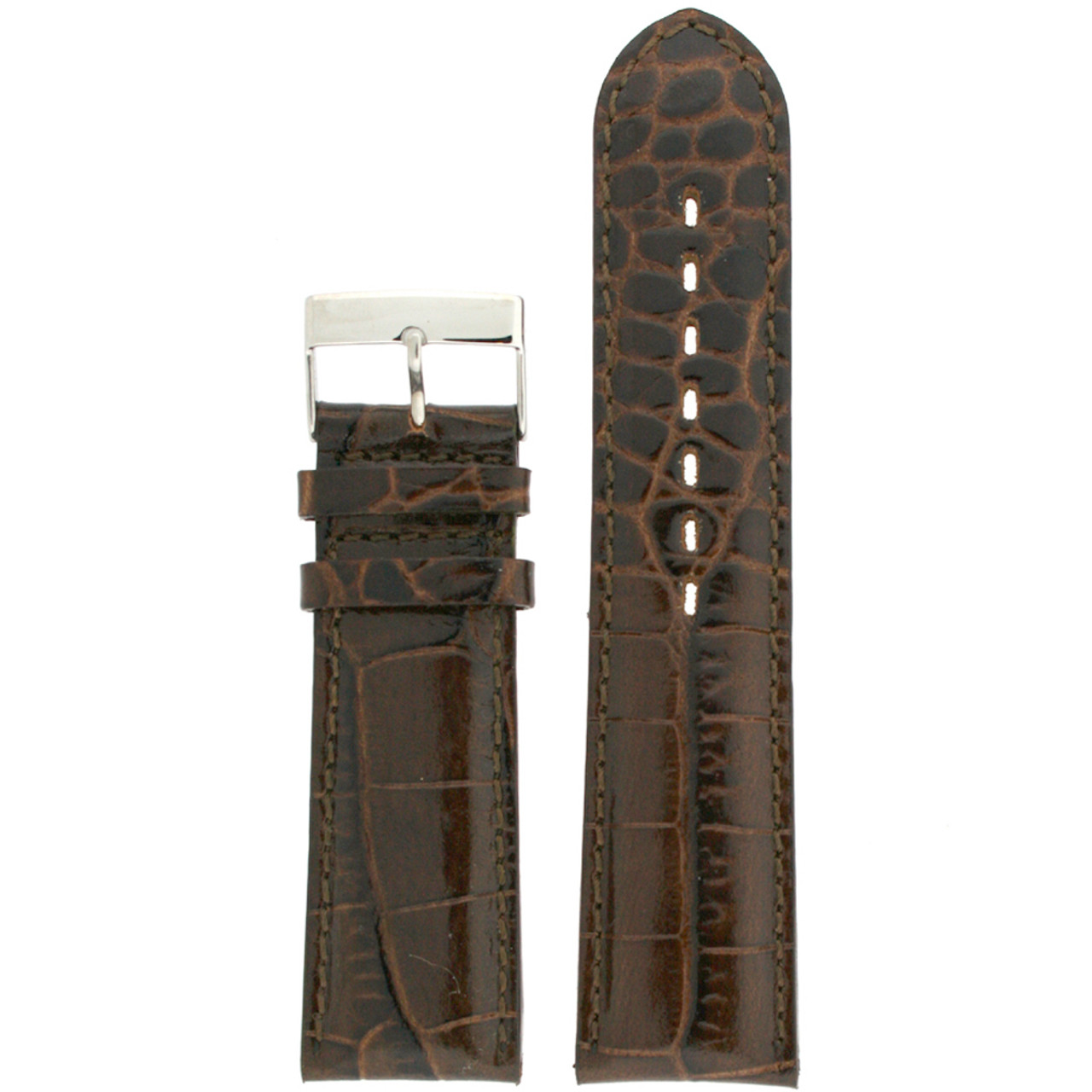 Dark Brown Leather watch band with crocodile grain - front view