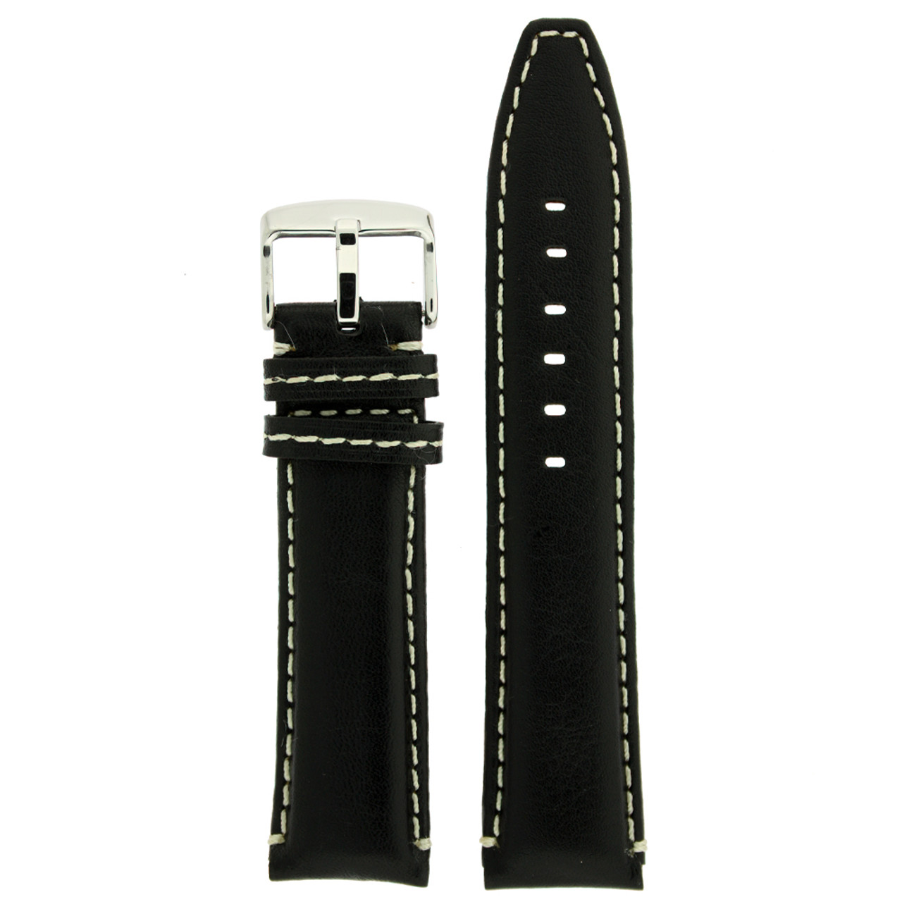 Black Leather Watch band with white topstitch by Techswiss - top view