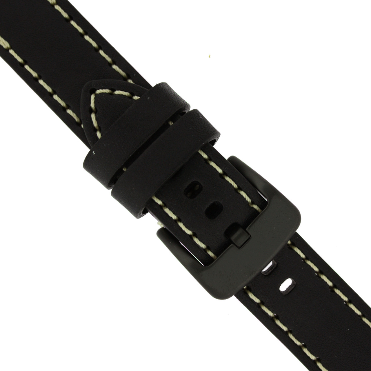 Black Leather Watch Band with White Topstitching - Buckle View - Main