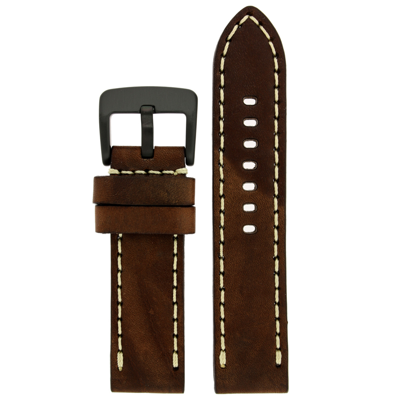 Dark Brown Leather Watch Band with White Topstitching - Top View