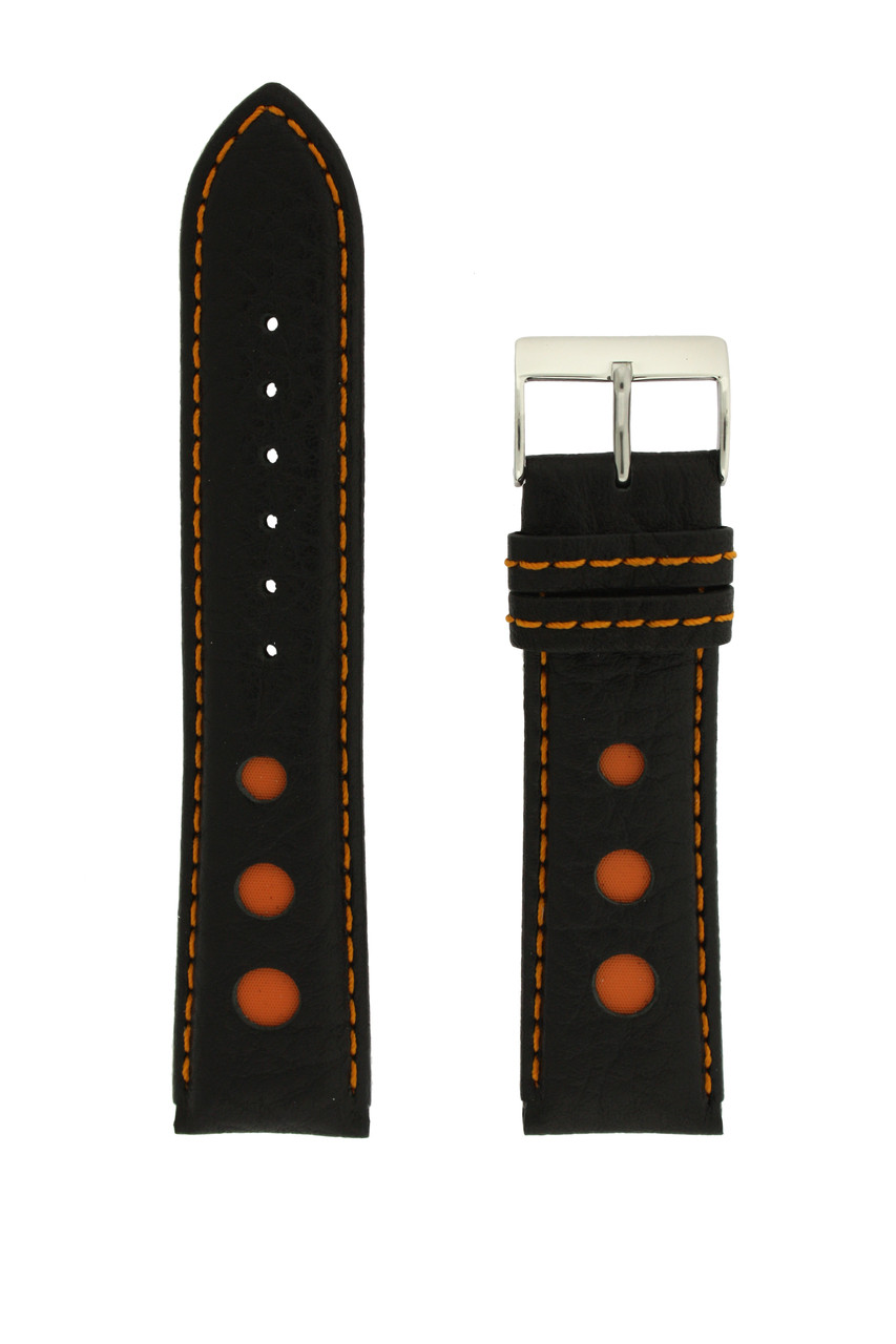 Leather Sport Style Watch Band Black Orange Stitching