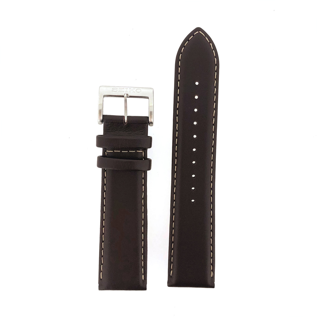 Seiko Leather Brown 22mm strap with white stitching
