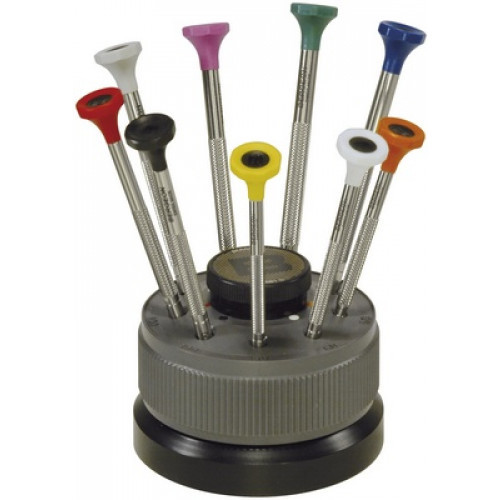 Bergeon® 30081-S09 Screwdriver Set Rotating Stand with 9 Stainless Steel Large Hex Color Coded