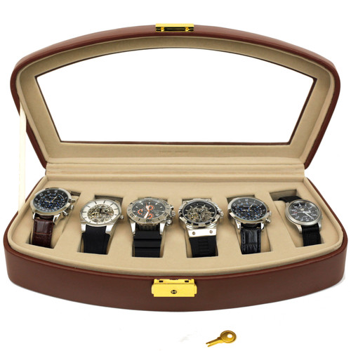 Watch Storage Box Leather Case for 6 Watches Brown - Main