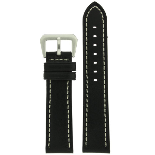 Watch Band Leather Black White Stitching Heavy Buckle