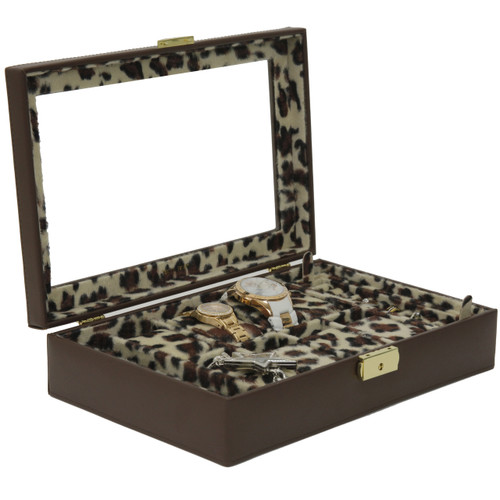 Valet Ladies Watches Jewelry Leather Storage Brown Leopard