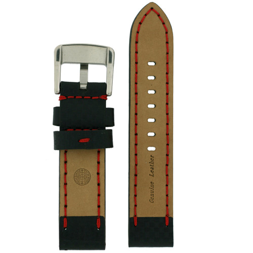 Black Watch Band with Carbon Fiber Pattern and Red Top Stitching - Bottom View - Main