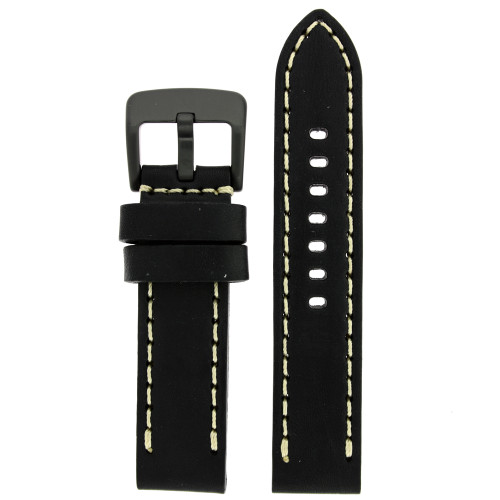 Black Leather Watch Band with White Topstitching - Top View