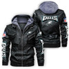 NFL.PHILADELPHIA EAGLES TEAM BLACK HOODED PREMIUM SPORT JACKETS/CUSTOM GRAPHIC-3D-PRINTED PHILADELPHIA EAGLES TEAM LOGOS ALL OVER DESIGN/WITH LARGE TOP DOUBLE ZIPPERED & SNAP CLOSE CHEST POCKETS..