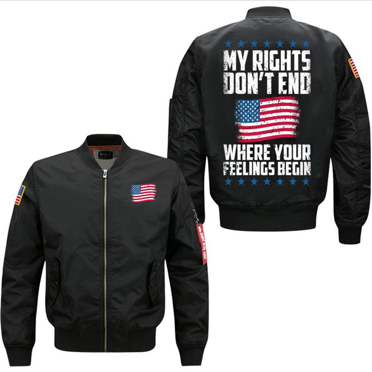 **(OFFICIAL-2ND-AMENDMENT-FLIGHT-JACKETS/MY-RIGHTS-DON'T-END,WHERE-YOUR-FEELINGS-BEGIN & WAVING-PATRIOTIC-FLAG,NICE-PREMIUM-CUSTOM-3D-GRAPHIC-PRINTED,DOUBLE-SIDED-BOMBER/MA-1 FLIGHT-JACKETS,COMES-IN-CLASSIC-MIDNIGHT-BLACK)**