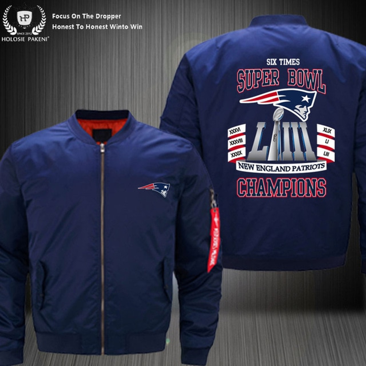 **(OFFICIAL-N.F.L.NEW-ENGLAND-PATRIOT-CUSTOM-SUPER-BOWL-LIII-CHAMPIONS-BOMBER-FLIGHT-JACKETS/SIX-TIMES-SUPER-BOWL-CHAMPION-WINNERS/NICE-CUSTOM-GRAPHIC-DOUBLE-SIDED-PRINTING/WITH-OFFICIAL-PATRIOTS-LOGOS & OFFICIAL-NFL-PATRIOTS-TEAM-COLORS)**