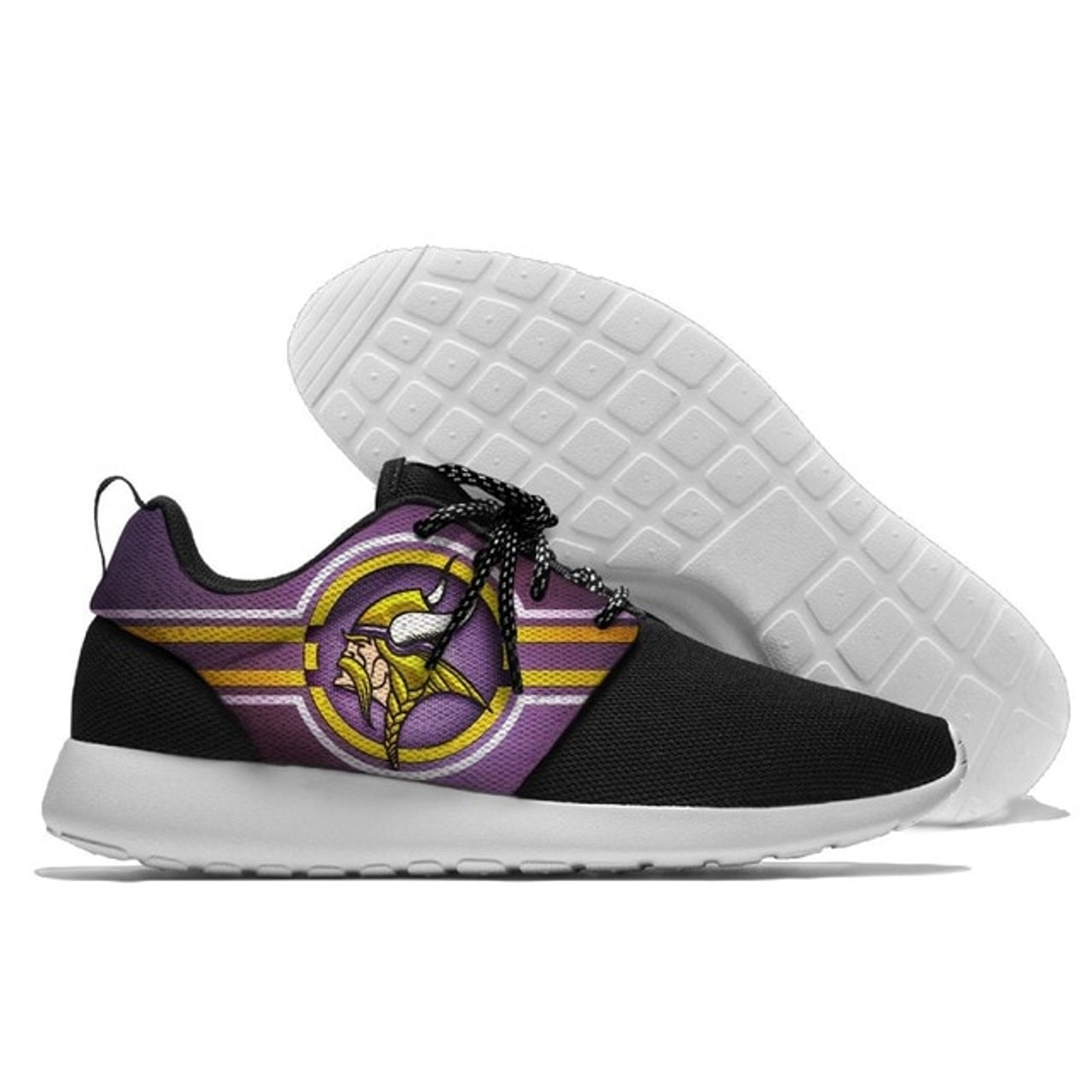 **(NEW-OFFICIALLY-LICENSED-N.F.L.MINNESOTA-VIKINGS-RUNNING-SHOES,MENS-OR-WOMENS-ROSHE-STYLE,LIGHT-WEIGHT-SPORT-PREMIUM-RUNNING-SHOES,WITH-OFFICIAL-VIKINGS-TEAM-COLORS & VIKINGS-TEAM-LOGOS,SPECIAL-CUSHIONED-COMFORT-INSOLES/COMES-IN-ALL-SIZES:)**