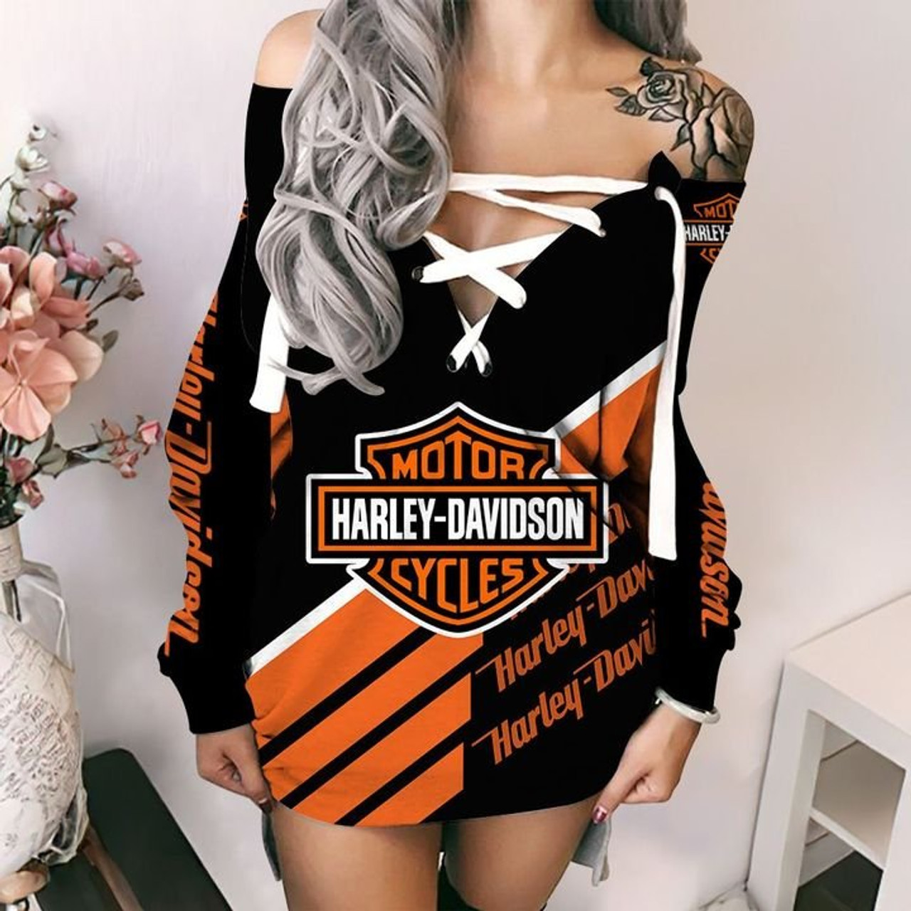 HARLEY-DAVIDSON-MOTORCYCLE-LADIES-WHITE LACE-UP-DRESS/IN-OFFICIAL-CLASSIC-HARLEY-BLACK & ORANGE COLORS/OFFICIAL BIG HARLEY DAVIDSON 3D LOGOS..