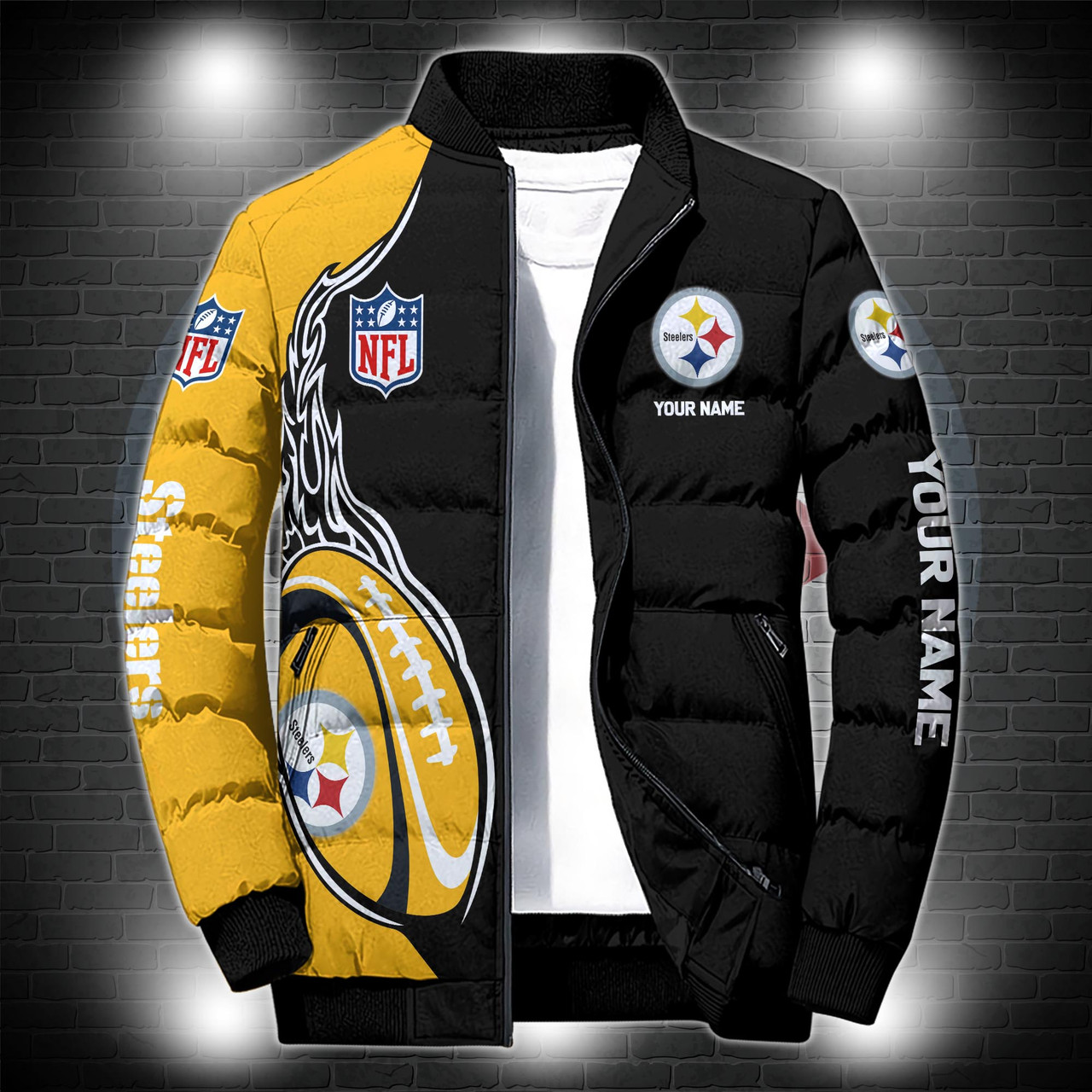 **(N.F.L.PITTSBURGH-STEELERS-TEAM-SPORT-PUFFER-JACKETS/ADD-YOUR-OWN-CUSTOM-NAME/OFFICIAL-STEELERS-TEAM-COLORS & OFFICIAL-STEELERS-TEAM-LOGOS/GRAPHIC-3D-PRINTED-DOUBLE-SIDED-ALL-OVER-TEAM-DESIGN/WARM-PREMIUM-N.F.L.STEELERS-TEAM-PUFFER-JACKETS)**