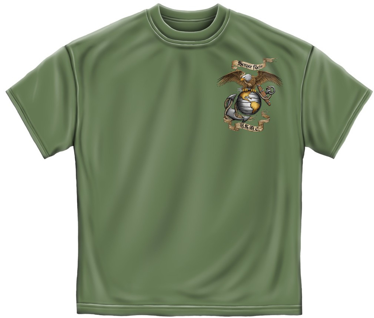 **(LICENSED-U.S.MARINES-CORPS,SEMPER-FIDELIS/WITH-MARINES-GLOBE & ANCHOR-EMBLEM/U.S.M.C,NICE-DETAILED-GRAPHIC-PRINTED-DOUBLE-SIDED/PREMIUM-MARINES-GREEN-TEES:)** 