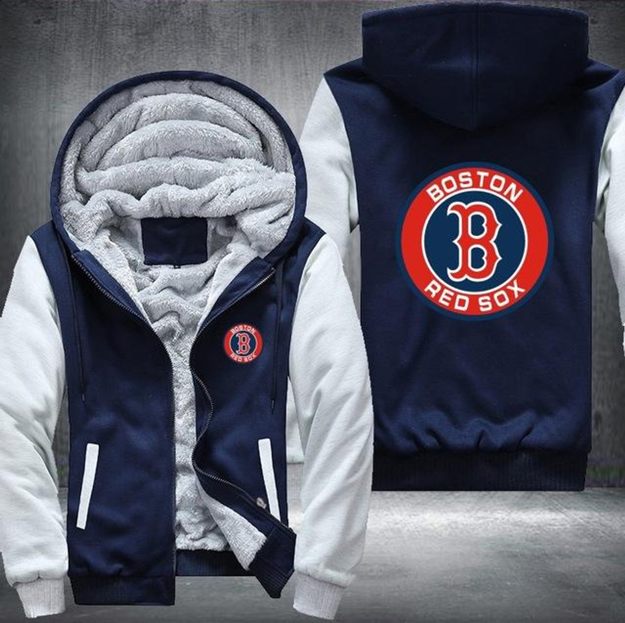 **(OFFICIAL-BOSTON-RED-SOXS,PREMIUM-ZIP-UP-FRONT-HOODIES/THICK-FLEECE-INNER-LINED & IN-MIDNIGHT-BLACK & LITE-GREY-TWO-TONE-COLOR/3D-GRAPHIC-DOUBLE-SIDED-PRINTING,WITH-OFFICIAL-CLASSIC-RED-SOXS-LOGO-ON-BOTH-SIDES)**