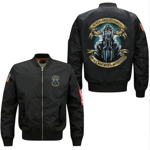 **(NEW-OFFICIAL-BIKERS-FLIGHT-JACKETS/NEVER-UNDER-ESTIMATE-AN-OLD-MAN-WITH-A-MOTORCYCLE,NICE-PREMIUM-CUSTOM-3D-GRAPHIC-PRINTED,DOUBLE-SIDED-BOMBER/MA-1 FLIGHT-JACKETS,COMES-IN-CLASSIC-MIDNIGHT-BLACK)** 