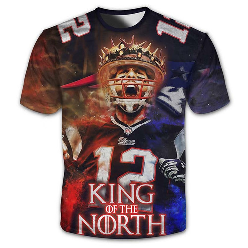 **(OFFICIAL-N.F.L.NEW-ENGLAND-PATRIOTS-KING-OF-THE-NORTH & TOM-BRADY-NO.12-SHORT-SLEEVE-TEE-SHIRT/CUSTOM-3D-GRAPHIC-PRINTED-DOUBLE-SIDED-ALL-OVER-GRAPHICS,IN-PATRIOTS-TEAM-COLORS/WARM-PREMIUM-OFFICIAL-N.F.L.PATRIOTS-TEAM/LIMITED-ADDITION-SHIRTS)**