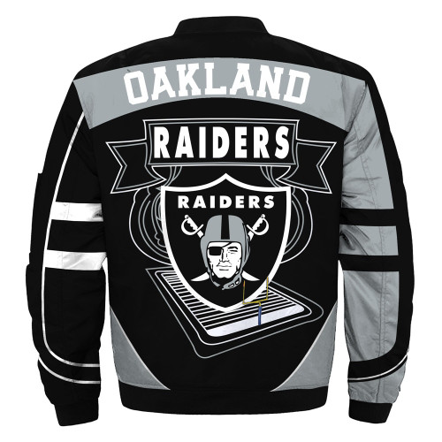  **(OFFICIALLY-LICENSED-N.F.L.OAKLAND-RAIDERS & OFFICIAL-RAIDERS-TEAM-COLORS & OFFICIAL-CLASSIC-RAIDERS-LOGOS-BOMBER/FLIGHT-JACKET & NICE-NEW-CUSTOM-3D-GRAPHIC-PRINTED-DOUBLE-SIDED-ALL-OVER-DESIGN/WARM-PREMIUM-N.F.L.RAIDERS-FLIGHT-JACKETS)**