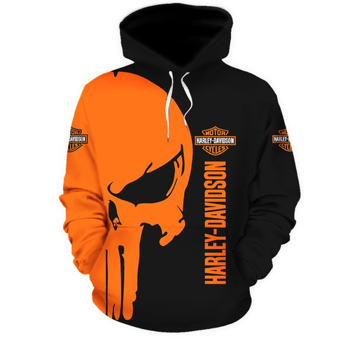 **(OFFICIAL-HARLEY-DAVIDSON-MOTORCYCLE-PULLOVER-HOODIE/CUSTOM-DETAILED-3D-GRAPHIC-PRINTED-PUNISHER-SKULL-DESIGN/FEATURING-OFFICIAL-CUSTOM-HARLEY-3D-LOGOS & OFFICIAL-CLASSIC-HARLEY-BLACK & ORANGE-COLORS/WARM-PREMIUM-HARLEY-RIDING-PULLOVER-HOODIES)**