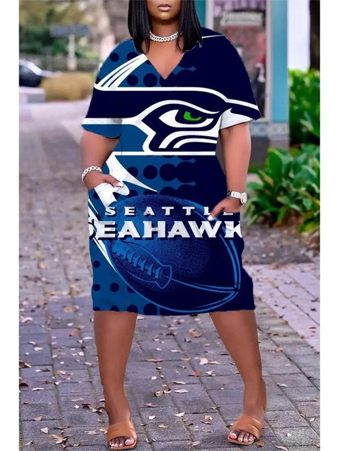 **(Official-NFL.Seattle-Seahawks-Team Limited Edition Trendy V-Neck Casual Womens Knee Length NFL.Team Pocket Dress)**