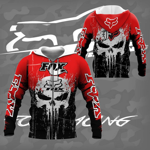 FOX-RACING-TRENDY-SPORT-ZIPPERED-HOODIES/NEW-CUSTOM-GRAPHIC-3D-PRINTED-TWO-TONE-NEON-COLORED-CLASSIC-FOX-RACING-NEON-RED-WITH-CLASSIC-PUNISHER-SKULL-DESIGN..