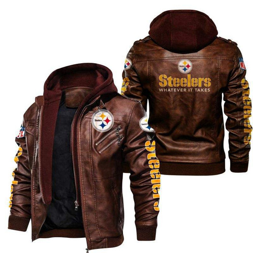 NFL.PITTSBURGH STEELERS TEAM BROWN HOODED PREMIUM SPORT JACKETS/CUSTOM GRAPHIC-3D-PRINTED PITTSBURGH STEELERS TEAM LOGOS ALL OVER DESIGN/WITH LARGE TOP DOUBLE ZIPPERED & SNAP CLOSE CHEST POCKETS..