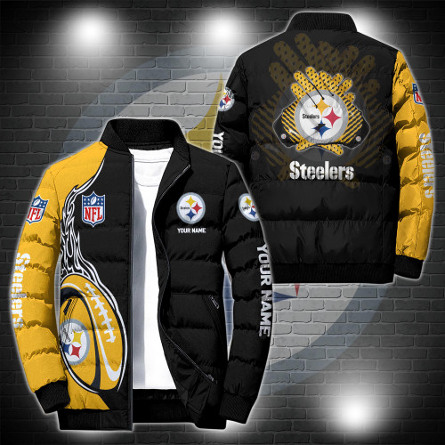 **(N.F.L.PITTSBURGH-STEELERS-TEAM-SPORT-PUFFER-JACKETS/ADD-YOUR-OWN-CUSTOM-NAME/OFFICIAL-STEELERS-TEAM-COLORS & OFFICIAL-STEELERS-TEAM-LOGOS/GRAPHIC-3D-PRINTED-DOUBLE-SIDED-ALL-OVER-TEAM-DESIGN/WARM-PREMIUM-N.F.L.STEELERS-TEAM-PUFFER-JACKETS)**