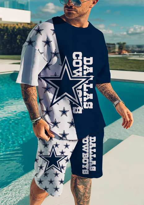 NFL.Dallas-Cowboys Team Limited Edition Fashion Mens Top & Shorts Two-Piece Matching Combo-Set/Custom Graphic 3D Printed Cowboys Tee-Shirt & Short Bottoms Matching Apparel Set/Great Warm Weather & Summer-Time Trendy Team/Fan Sport Matching Sets..