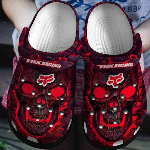 OFFICIAL-FOX-RACING-TRENDY-SPORT-SUMMER-CLOGS/OFFICIAL-CUSTOM-GRAPHIC-3D-PRINTED-FOX-RACING-LOGOS & NEON-RED-SKULL-ALL-OVER-DESIGN..