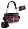 Flocked Zebra Stripe Filigree Rhinestone Studded Purse/Wallet Set (Fuchsia) Main image