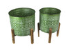 Set of 2 Native Geometric Pattern Stamped Metal Planters With Wooden Stands Main image