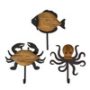 Set of 3 Nautical Wood and Metal Decorative Wall Hooks Fish Crab Octopus Main image